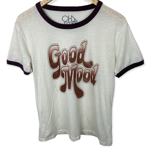 Chaser Retro Good Mood‎ Ringer Tee Size Medium White Brown T-Shirt Bohemian Top - Picture 3 of 10